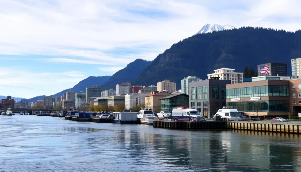 Generate an image of the Vancouver Waterfront with the Columbia River and Mount Hood in the background.