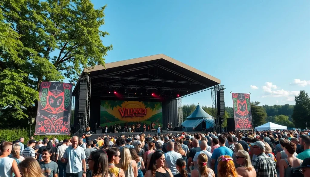 Generate an image of the Viljandi Folk Music Festival main stage, surrounded by lush greenery and filled with enthusiastic festival-goers.