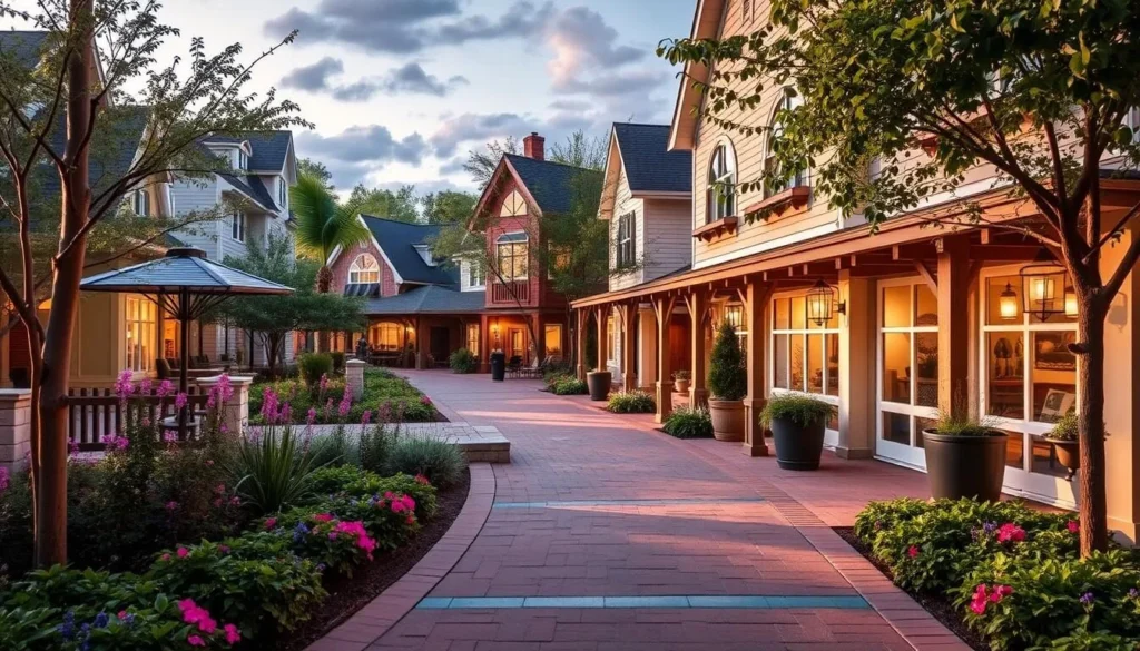 Generate an image of the Village Walk at Eastlake, highlighting its charming atmosphere and picturesque surroundings.