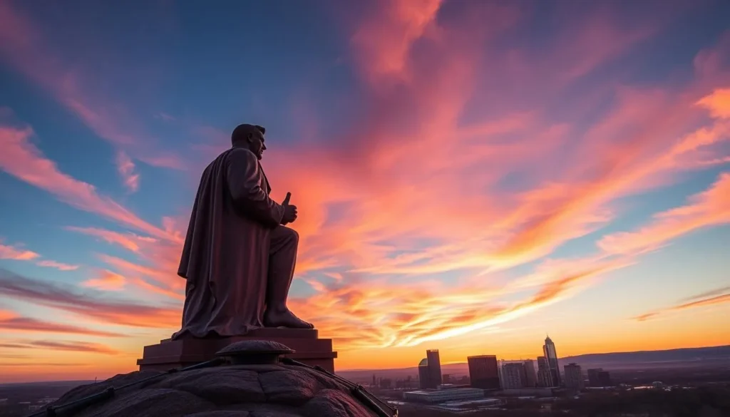 Generate an image of the Vulcan statue standing atop Red Mountain with the Birmingham skyline in the background.