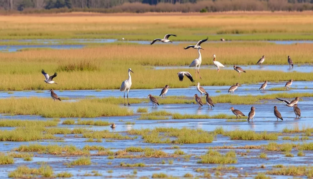 Generate an image of the Wabashiki Fish and Wildlife Area's wetlands with various bird species. Generate an image of the Wabashiki Fish and Wildlife Area's wetlands with various bird species.