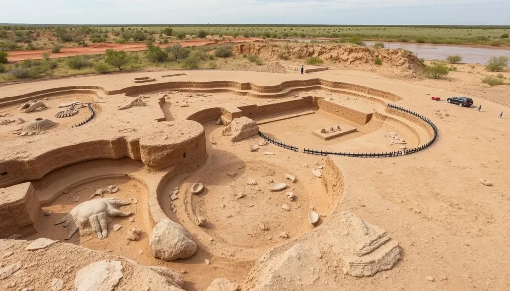 Generate an image of the Waco Mammoth National Monument's dig site with fossils on display.