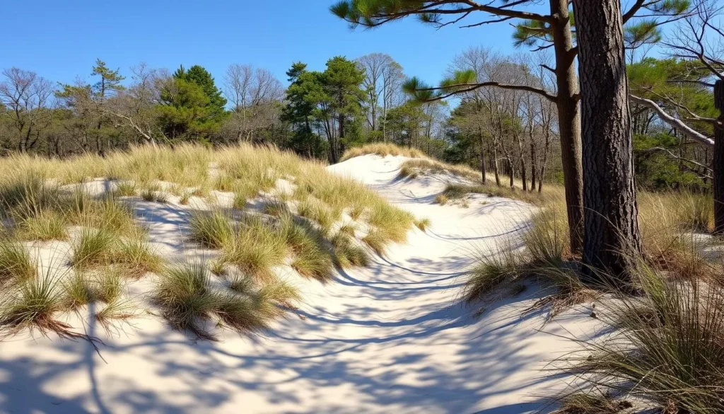 Generate an image of the Walking Dunes Trail near East Hampton, showcasing the sand dunes and the forest buried in sand.