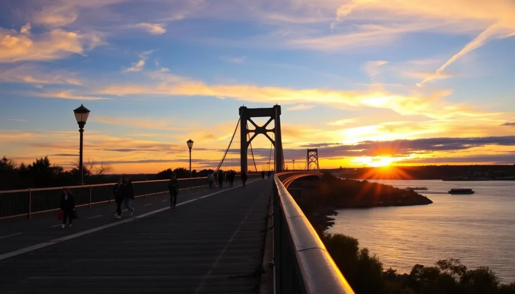 Generate an image of the Walkway Over the Hudson at sunset with people walking and enjoying the views.