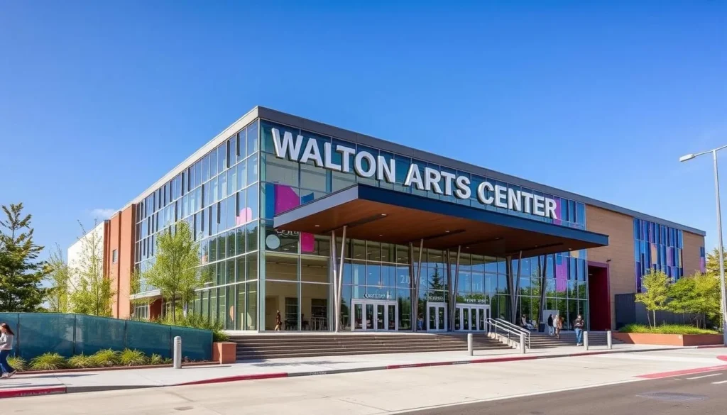 Generate an image of the Walton Arts Center's exterior, showcasing its modern architecture and vibrant atmosphere.