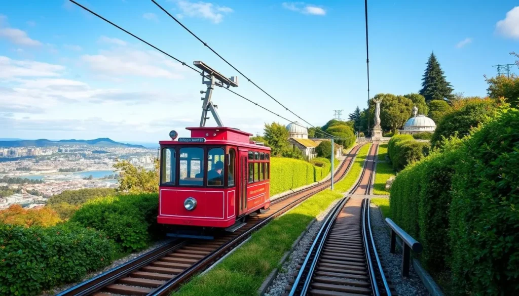Generate an image of the Wellington Cable Car ascending to the Botanic Gardens.