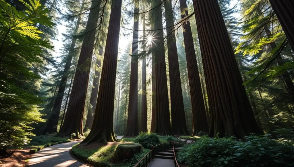 Generate an image of the Whakarewarewa Redwood Forest with towering trees and walking trails.