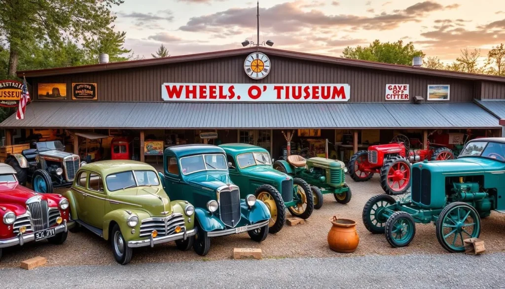 Generate an image of the Wheels O' Time Museum, showcasing its unique collection of antique cars, tractors, and other machinery.