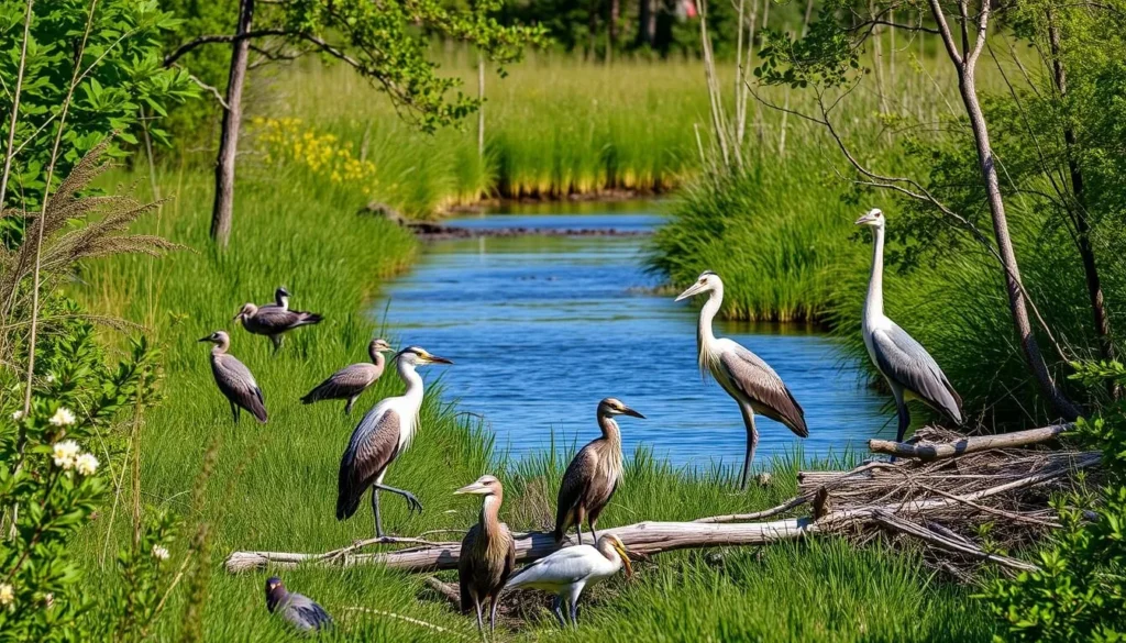 Generate an image of the Whiskeag Trail with wildlife, such as osprey or herons, in their natural habitat.