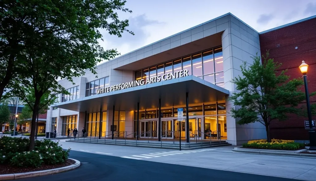 Generate an image of the White Plains Performing Arts Center's exterior, showcasing its modern architecture and inviting entrance.