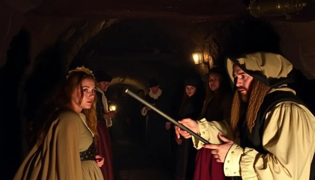 Generate an image of the Witch Dungeon Museum's dimly lit cellar, with actors in period costume.