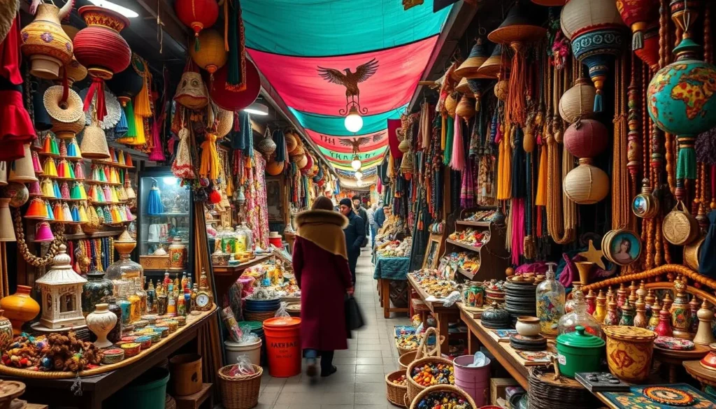 Generate an image of the Witches Market in La Paz, Bolivia, showcasing its vibrant stalls and exotic goods.
