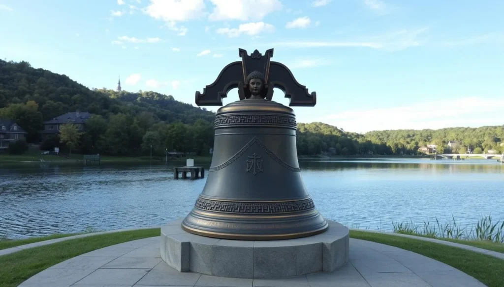 Generate an image of the World Peace Bell in Newport, Kentucky, with a serene background.