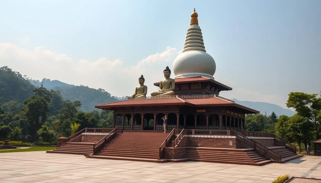 Generate an image of the World Peace Pagoda in Lumbini, Nepal, with its four Buddha statues and serene surroundings.