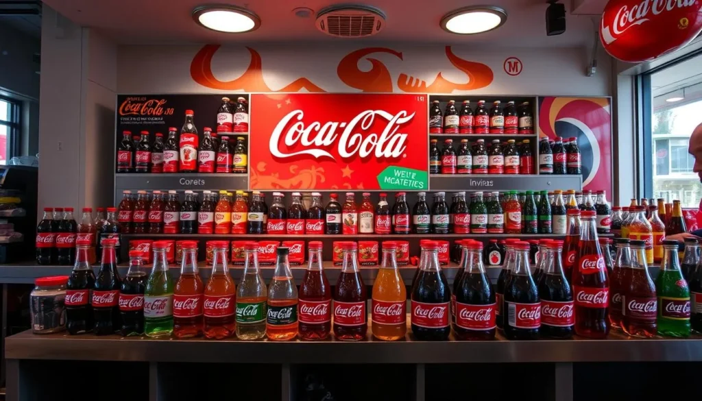 Generate an image of the World of Coca-Cola's tasting room with various Coca-Cola products from around the world.
