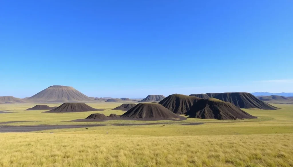 Generate an image of the Xilingol Grassland Volcanic Geopark showcasing its unique volcanic formations and vast grasslands.