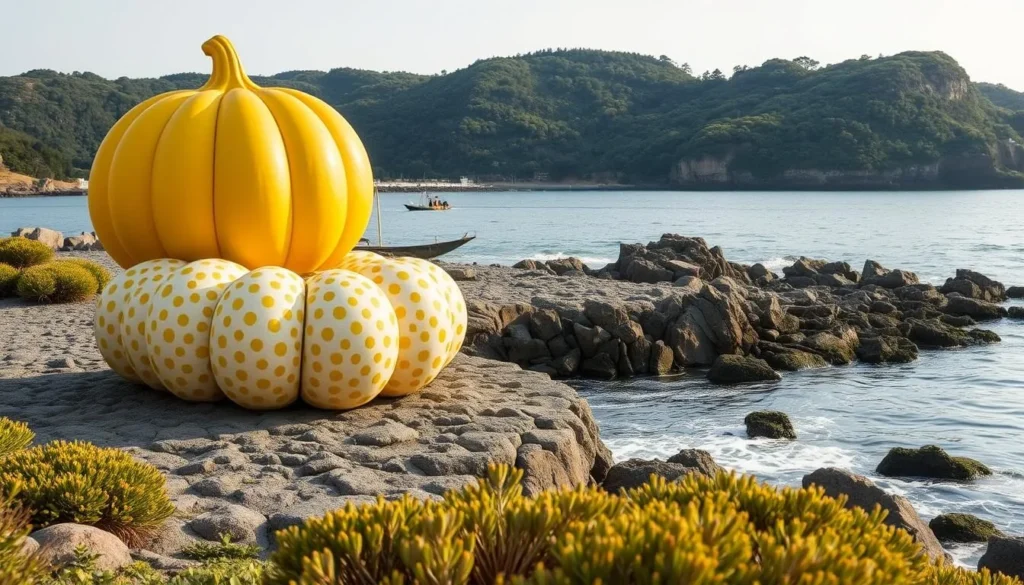 Generate an image of the Yayoi Kusama Yellow Pumpkin sculpture on Naoshima.