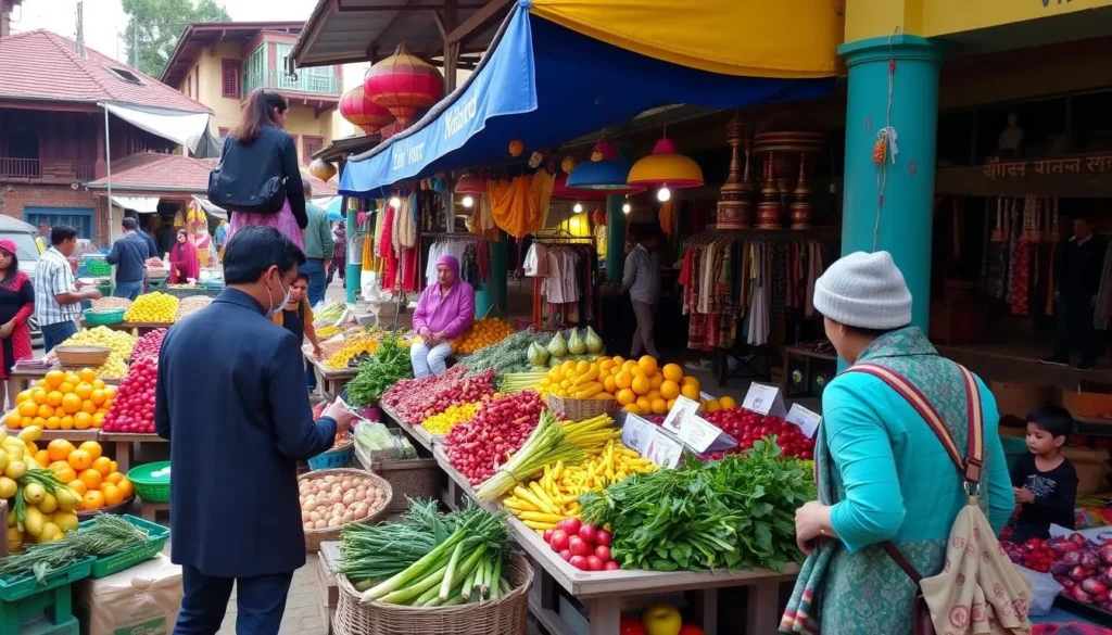 Generate an image of the Yellow House Farmers Market in Patan, Nepal, showcasing local produce and handicrafts.