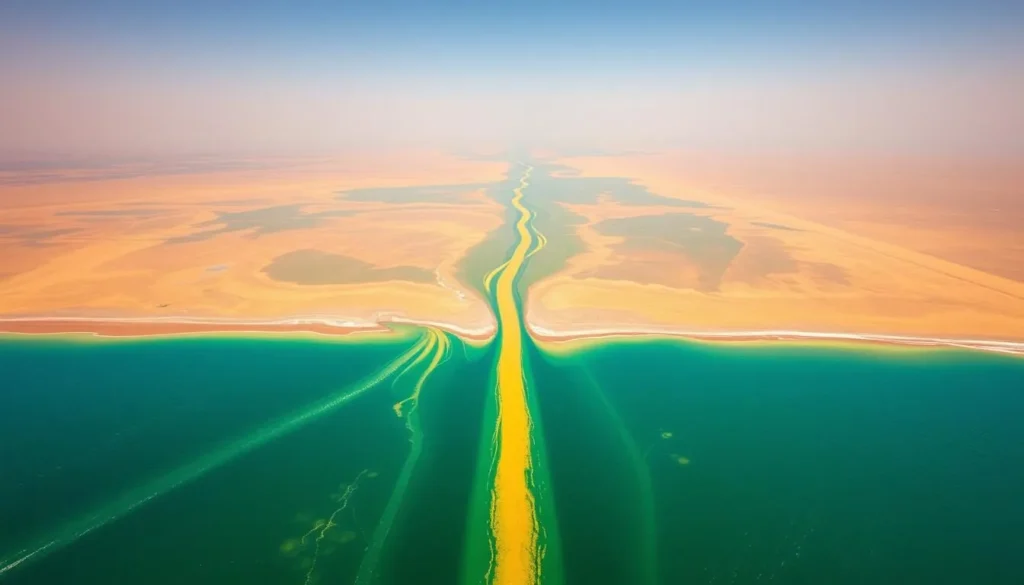 Generate an image of the Yellow River meeting the Bohai Sea, highlighting the distinct dividing line between the two waters.