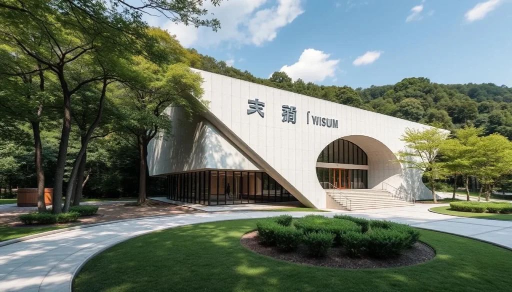Generate an image of the Yichang Museum's exterior, showcasing its modern architecture amidst a serene environment.