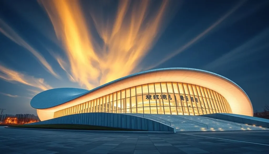 Generate an image of the Yinchuan Museum of Contemporary Art, showcasing its curvilinear design inspired by the Yellow River.