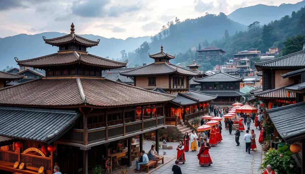 Generate an image of the Yunnan Ethnic Village, showcasing its traditional architecture and cultural performances.