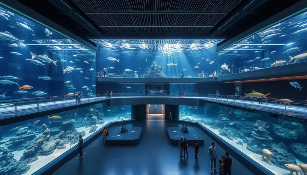 Generate an image of the Zhengzhou Aquarium's main exhibit hall.