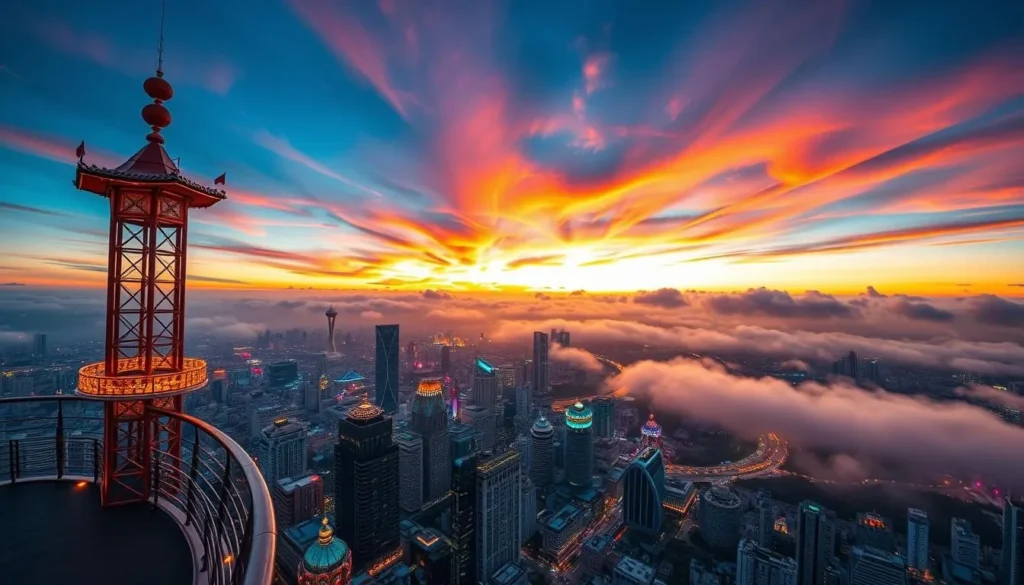 Generate an image of the Zifeng Tower observation deck with a stunning view of Nanjing's skyline.