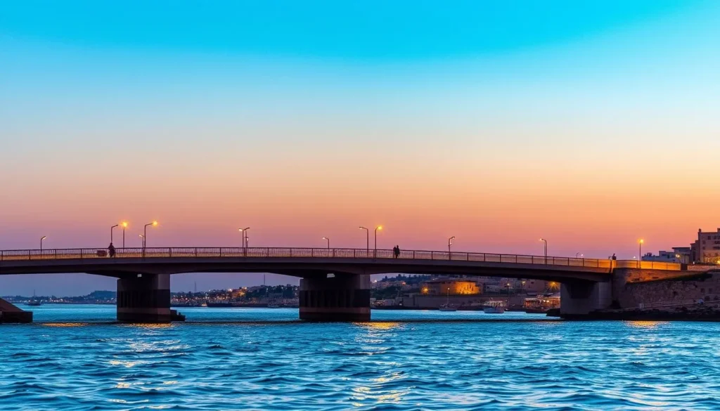 Generate an image of the Zodiac Bridge in Jaffa at sunset, with the Mediterranean Sea in the background.