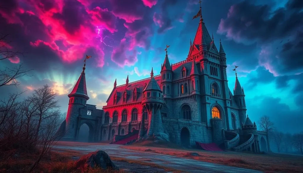 Generate an image of the abandoned castle within Fantasy World, capturing its colorful and surreal atmosphere.