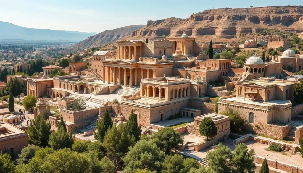 Generate an image of the ancient city of Baalbek, showcasing its grand temples and historical significance.
