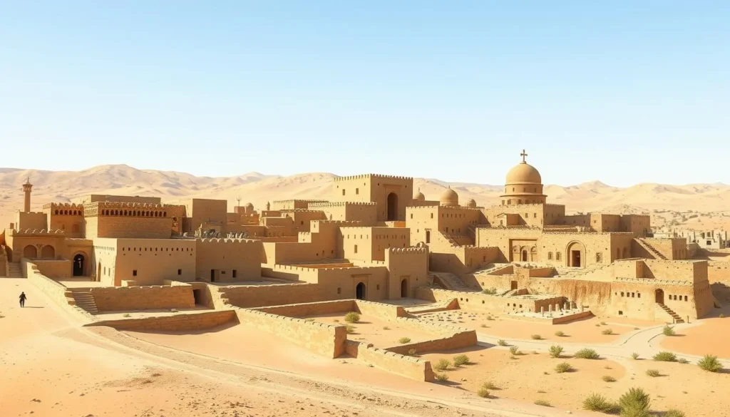 Generate an image of the ancient city of Ghadames, showcasing its unique architecture and desert surroundings.