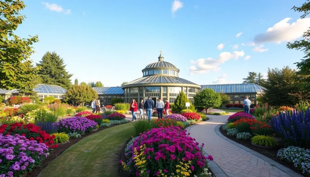 Generate an image of the beautiful Friendship Botanic Gardens in Michigan City, Indiana, showcasing its serene pathways and vibrant flora.
