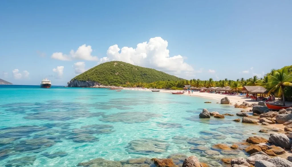 Generate an image of the beautiful beaches of Les Trois-Îlets with clear turquoise waters. Generate an image of the beautiful beaches of Les Trois-Îlets with clear turquoise waters.