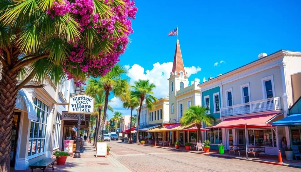 Generate an image of the charming downtown area of Historic Cocoa Village