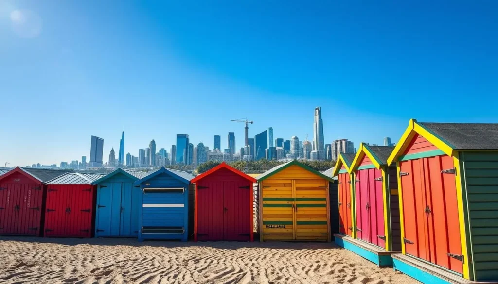 Generate an image of the colorful Brighton Beach Boxes with the Melbourne skyline in the background.