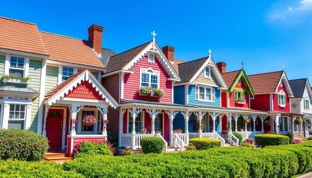 Generate an image of the colorful gingerbread cottages in Oak Bluffs, Martha's Vineyard.