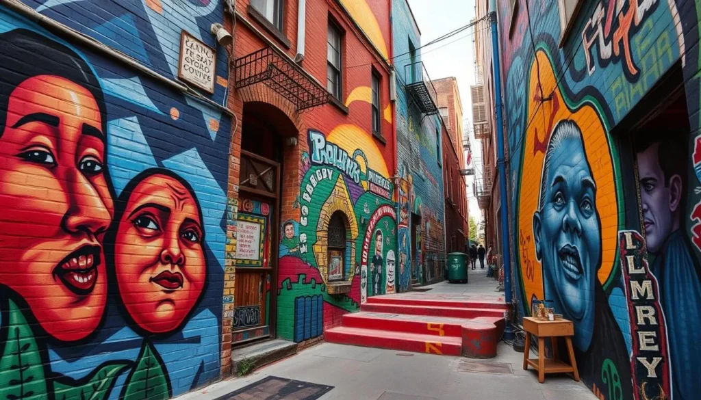 Generate an image of the colorful murals in Balmy Alley.