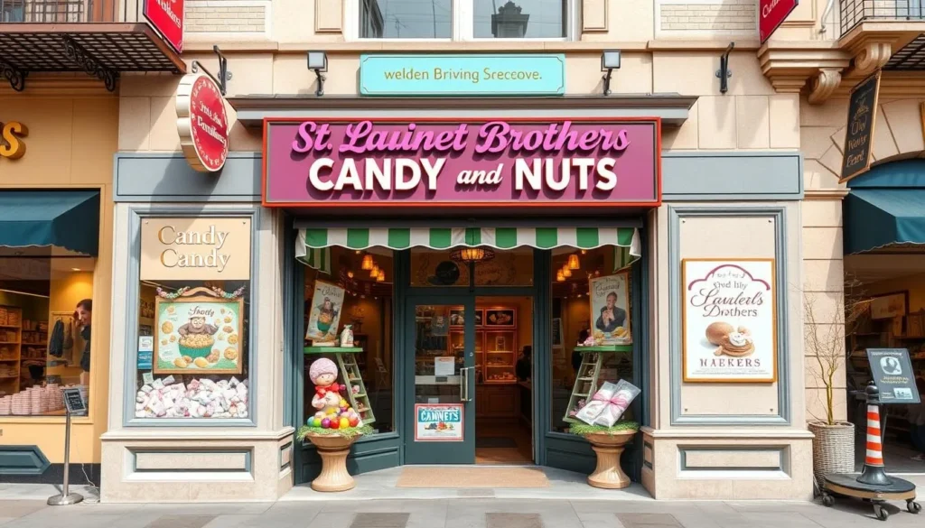 Generate an image of the exterior of St. Laurent Brothers Candy and Nuts shop