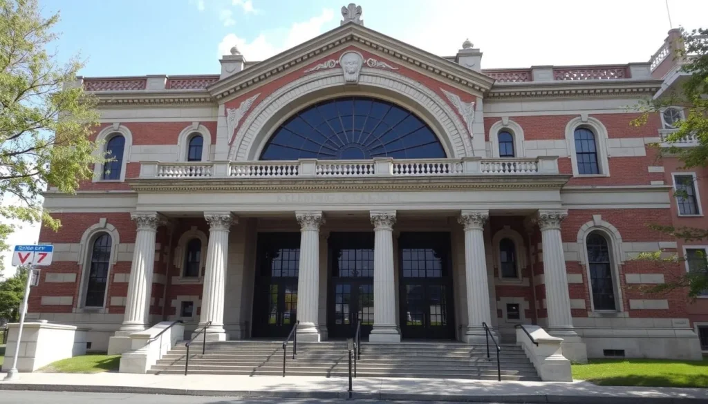Generate an image of the historic Klein Memorial Auditorium in Bridgeport, CT, showcasing its architectural details.