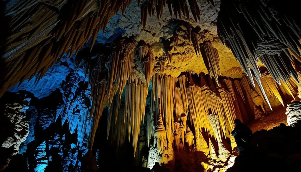 Generate an image of the illuminated Reed Flute Cave with stalactites and stalagmites