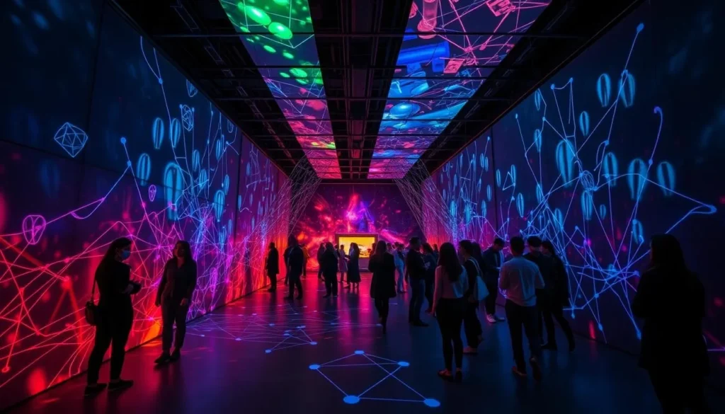 Generate an image of the immersive art experience at Factory Obscura: Mix-Tape, showcasing interactive installations and creative lighting.