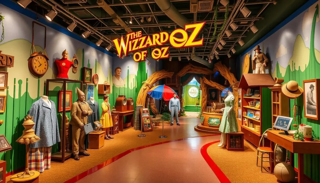 Generate an image of the interior of The Wizard of Oz Museum, featuring Wizard of Oz memorabilia