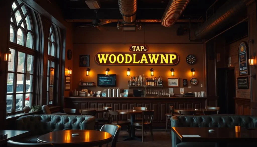 Generate an image of the interior of Woodlawn Tap, showcasing its cozy atmosphere.