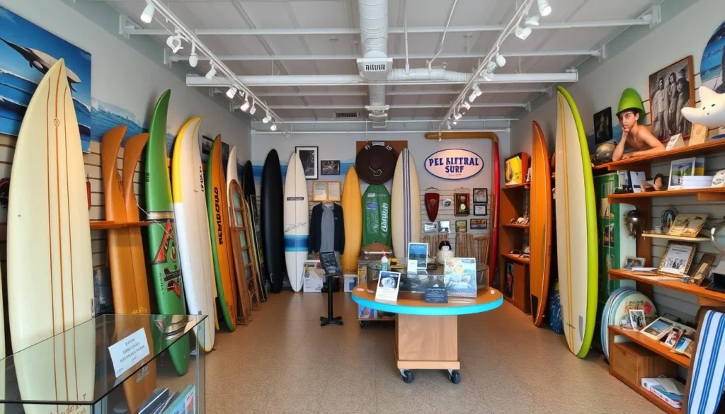 Generate an image of the interior of the Florida Surf Museum, showcasing surf memorabilia