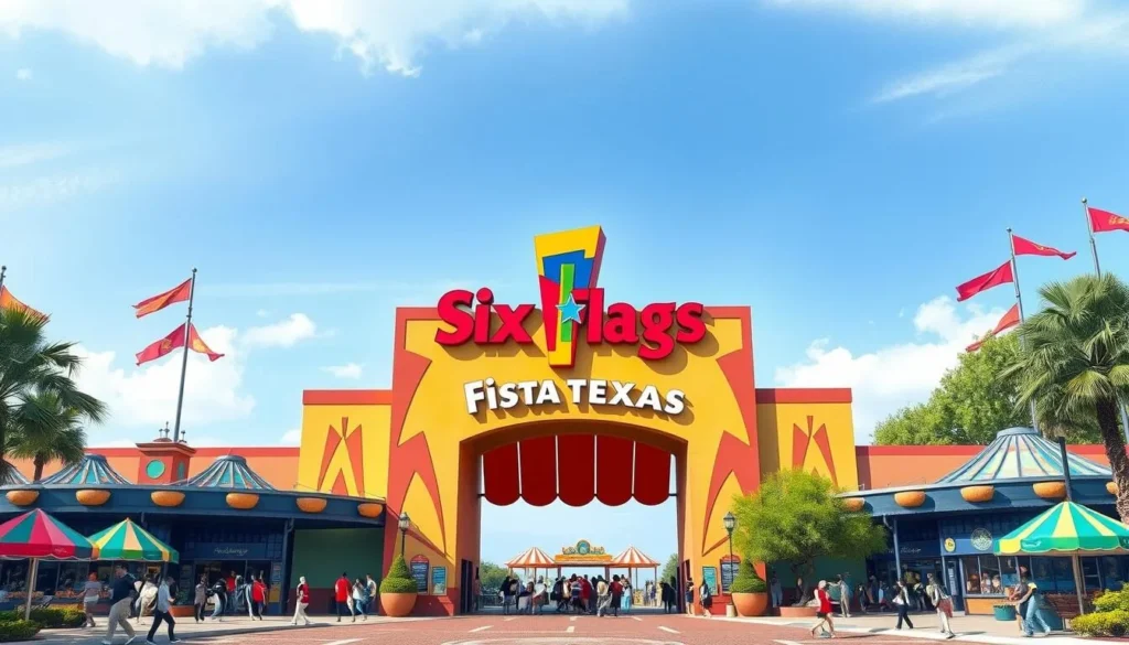 Generate an image of the main entrance of Six Flags Fiesta Texas