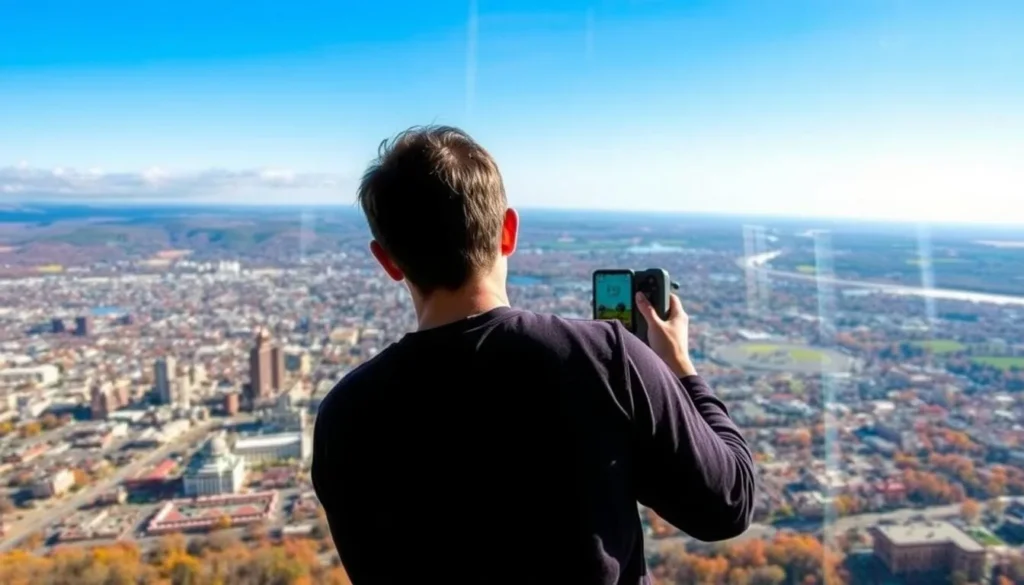 Generate an image of the panoramic view from the Corning Tower Observation Deck, showcasing the cityscape of Albany and the surrounding landscape.