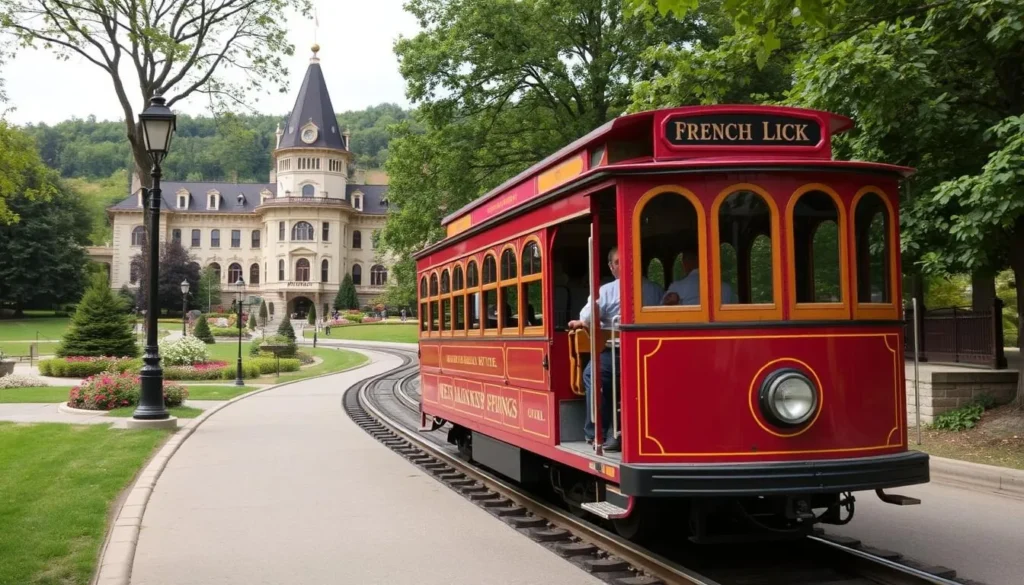 Generate an image of the rail trolley traveling between French Lick Resort and West Baden Springs Hotel.