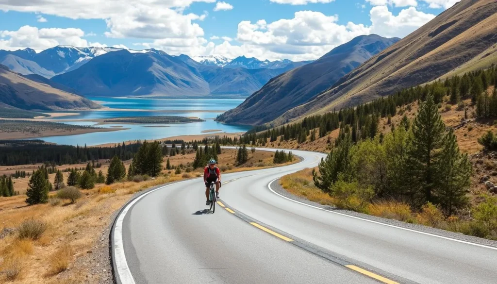 Generate an image of the scenic Route of the Seven Lakes between Villa La Angostura and San Martín de los Andes, showcasing cyclists riding through breathtaking scenery.