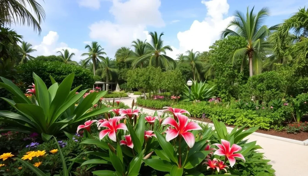 Generate an image of the serene Garden of the Groves in Freeport, Bahamas, showcasing its lush greenery and vibrant tropical flowers.